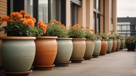 Flower pots on the terrace of a modern apartment building.の素材