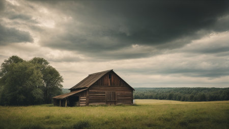 Abandoned barn in the middle of a meadow on a cloudy dayの素材