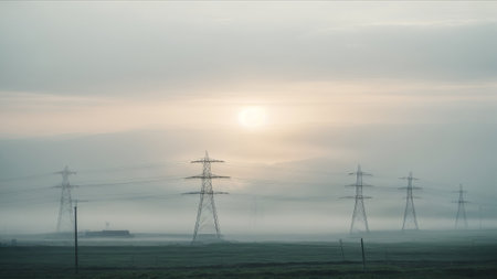 Electricity pylons in a foggy field at sunrise.の素材
