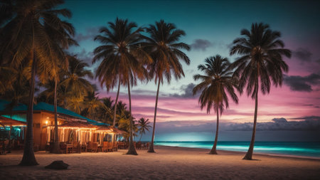Tropical beach with palm trees at sunset, Boracay island, Philippinesの素材
