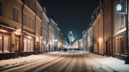 Street in the old town of Szczecin at night.の素材