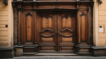 Old wooden door in Prague, Czech Republic. Old architecture detail.の素材