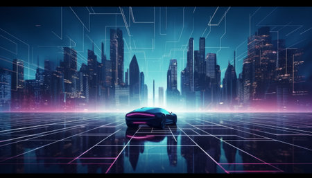Conceptual image of futuristic city with car and HUD elements. 3D renderingの素材