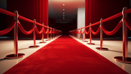 Red carpet in a room with red curtains. 3D rendering.の素材