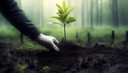 Close up of human hand planting sapling in fertile soil with misty backgroundの素材