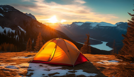Camping tent on the top of a mountain with a lake in the backgroundの素材