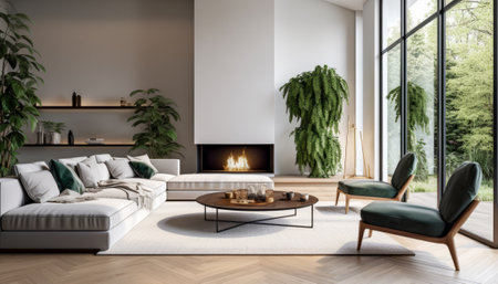 Modern white living room interior design with sofa, armchairs, coffee table and fireplace. 3D Renderingの素材