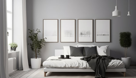 Interior of modern bedroom with two posters on the wall 3D renderingの素材