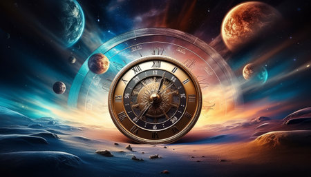 Time concept with clock face and planets in space. 3D renderingの素材