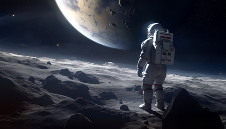 Astronaut in outer space. Mixed media. Mixed media. Mixed mediaの素材