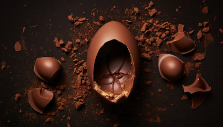 Broken chocolate egg on a black background. 3d illustration.の素材