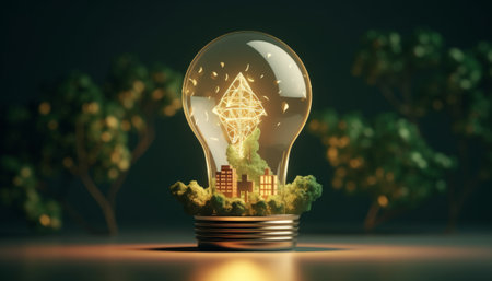 Energy saving lightbulb with tree in it. 3D renderingの素材