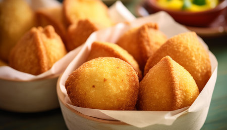 Tasty croquettes in basket on wooden table, closeupの素材