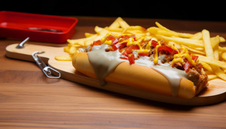 Hot dog with melted cheese and french fries on a wooden board.の素材