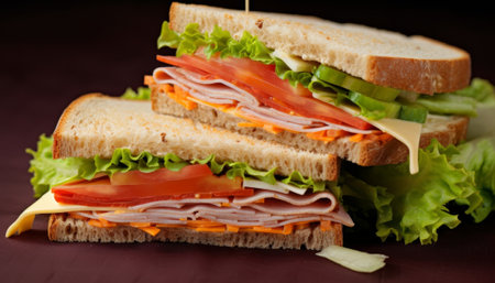 Sandwich with ham, cheese, lettuce and tomato on a dark backgroundの素材