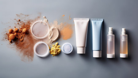 cosmetic products on grey background, beauty treatment and skincare conceptの素材