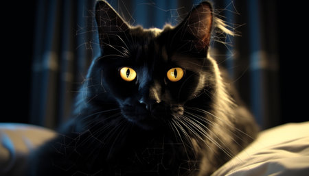 Portrait of a black cat with yellow eyes on a dark backgroundの素材