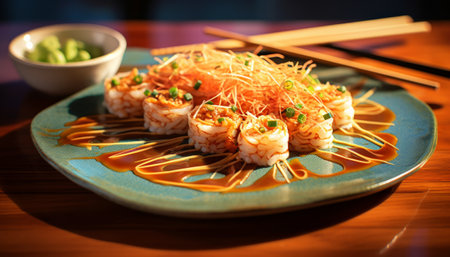 Sushi rolls with chopsticks on a blue plate on a wooden tableの素材