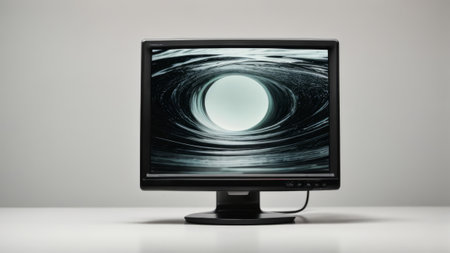 3D rendering of a black computer monitor with an abstract planet on the screenの素材
