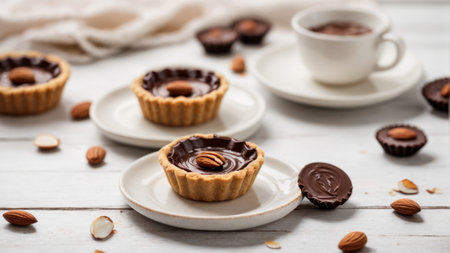 Chocolate tartlets with almonds on white wooden background. Selective focus.の素材