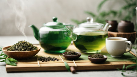 Green tea in a glass teapot and cups on a bamboo stand on a gray backgroundの素材