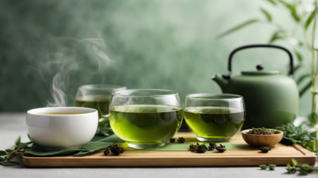 Green tea in glass cups and teapot on wooden board, closeupの素材
