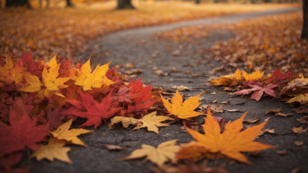 Maple leaves on the ground in autumn park. Autumn background.の素材