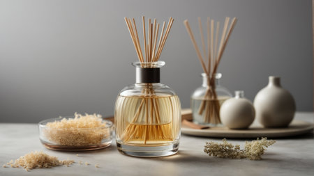 Reed diffuser in glass bottle and wooden sticks on grey backgroundの素材