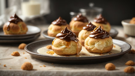 Tasty profiteroles with chocolate sauce on plate, closeupの素材