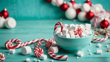 Christmas candy canes and marshmallows in bowl on turquoise backgroundの素材