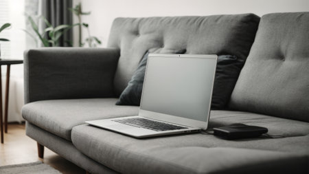 Laptop on sofa in living room. Work from home concept.の素材