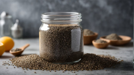Glass jar with chia seeds on table, closeup. Space for textの素材