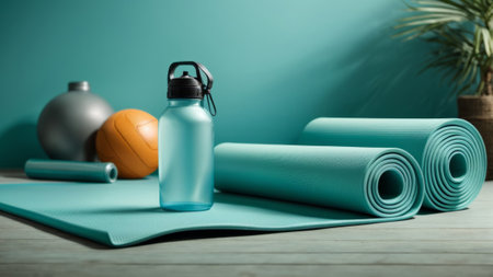 Yoga mat and water bottle on a wooden floor with green backgroundの素材