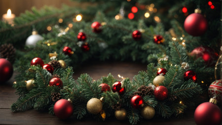 Christmas wreath with red and golden baubles on wooden backgroundの素材