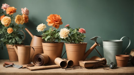 Gardening tools and flowers in pots on wooden table against color wallの素材