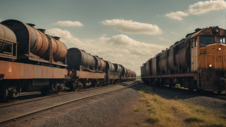 Freight train with wagons in motion on railroad tracks. Railway transportation.の素材