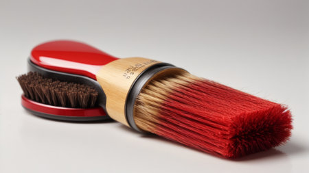Close up of a red and black brush on a white background.の素材