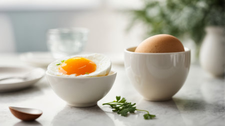 Boiled eggs in bowl on white table, closeup. Healthy breakfastの素材