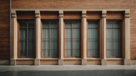 3d rendering of an old building with columns and a glass doorの素材