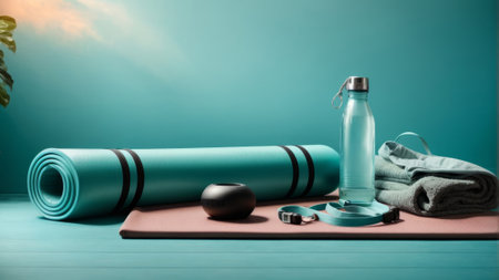 Yoga mat, dumbbells and bottle of water on blue backgroundの素材