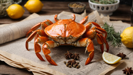 Cooked steamed crab with lemon and spices on a wooden tableの素材