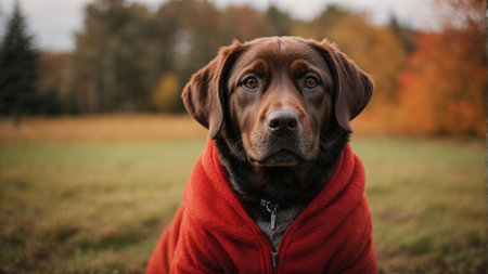 Labrador Retriever dog wrapped in a red blanket in autumn parkの素材