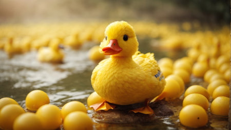 Yellow rubber duckling floating on the water with yellow rubber ducklings.の素材
