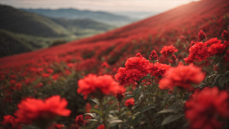 Beautiful red flowers on the mountain in the morning, Thailand.の素材