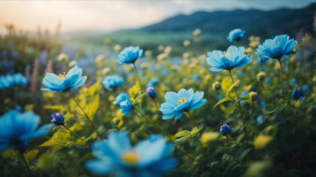 Beautiful blue flowers in the meadow at sunset. Selective focus.の素材