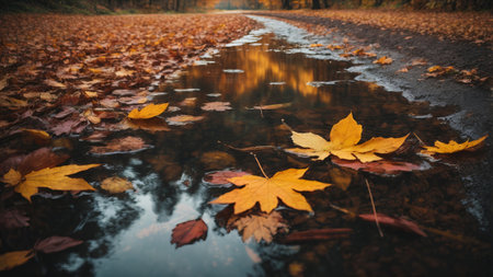 Fallen leaves in a puddle in the forest. Autumn landscape.の素材