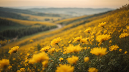 Foto de Yellow flowers in the meadow at sunrise. Beautiful nature background. - Imagen libre de derechos