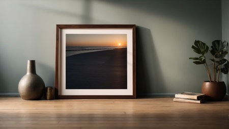 Wooden frame mockup with sea view on the background. 3d renderingの素材