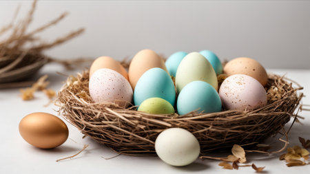 Colorful easter eggs in a nest on a white background.の素材