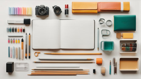 Flat lay composition with stationery and notebook on white background.の素材